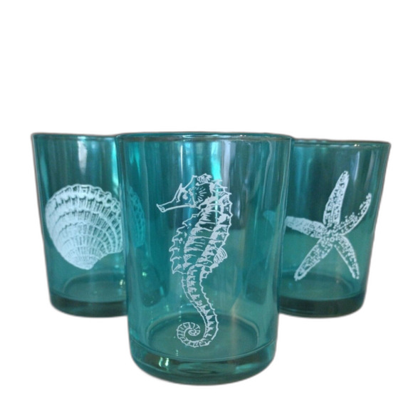 Beach Theme Blue Glasses 8 Oz Tumbler Set 3 Sea Life Nautical Ocean - Picture 1 of 4